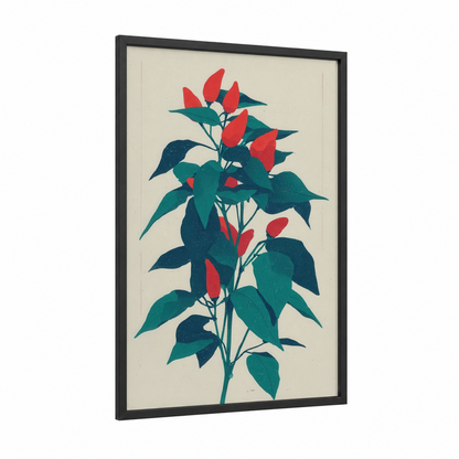 Scarlet Herb Plant framed herbs print — black wood frame — red and dark green palette