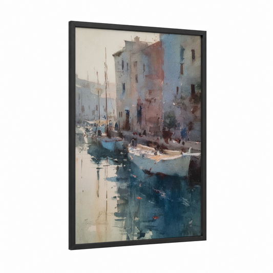 Mediterranean Harbor framed beach town print — black wood frame — blue and white and russet palette
