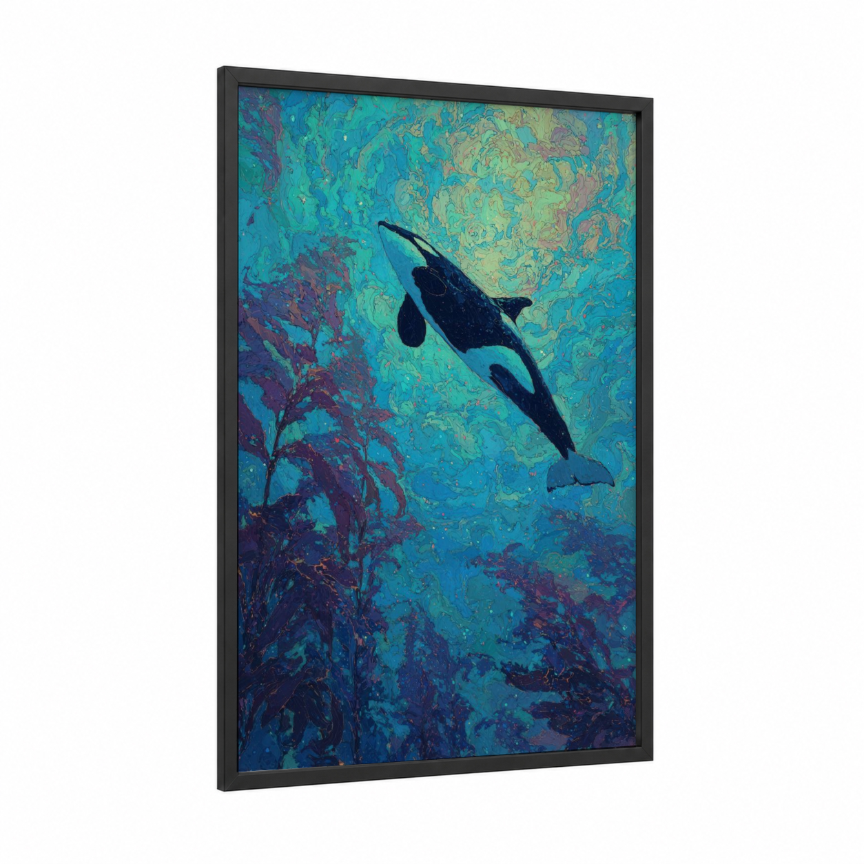 Midnight Orca framed orca whale print — black wood frame — teal and blue palette