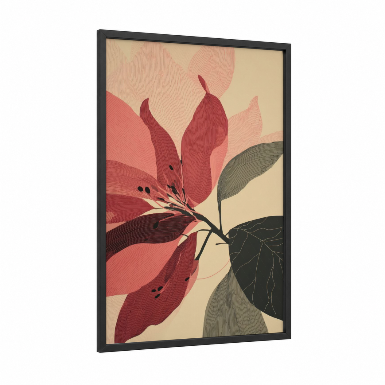 Crimson Rhododendron Bloom framed art print — black wood frame — maroon and cream palette