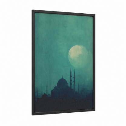 Moonlit Mosque framed art print — black wood frame — teal and cream palette
