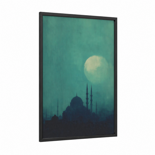 Moonlit Mosque framed art print — black wood frame — teal and cream palette