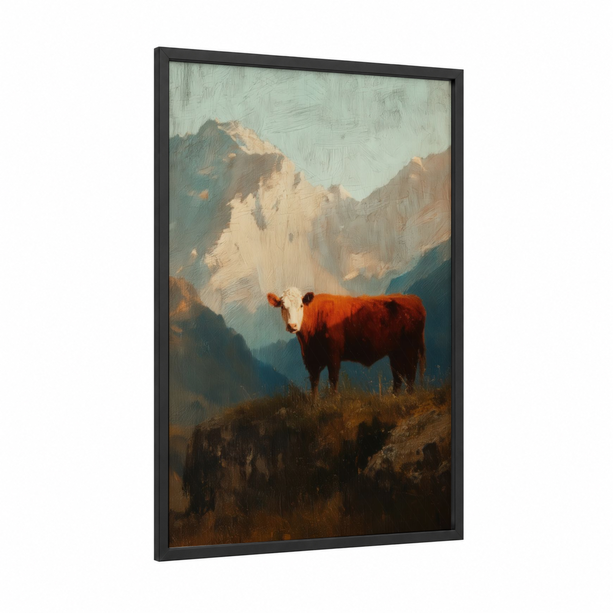 Alpine Hereford framed hereford cow print — black wood frame — cream and russet palette
