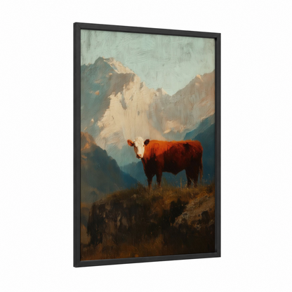 Alpine Hereford framed hereford cow print — black wood frame — cream and russet palette