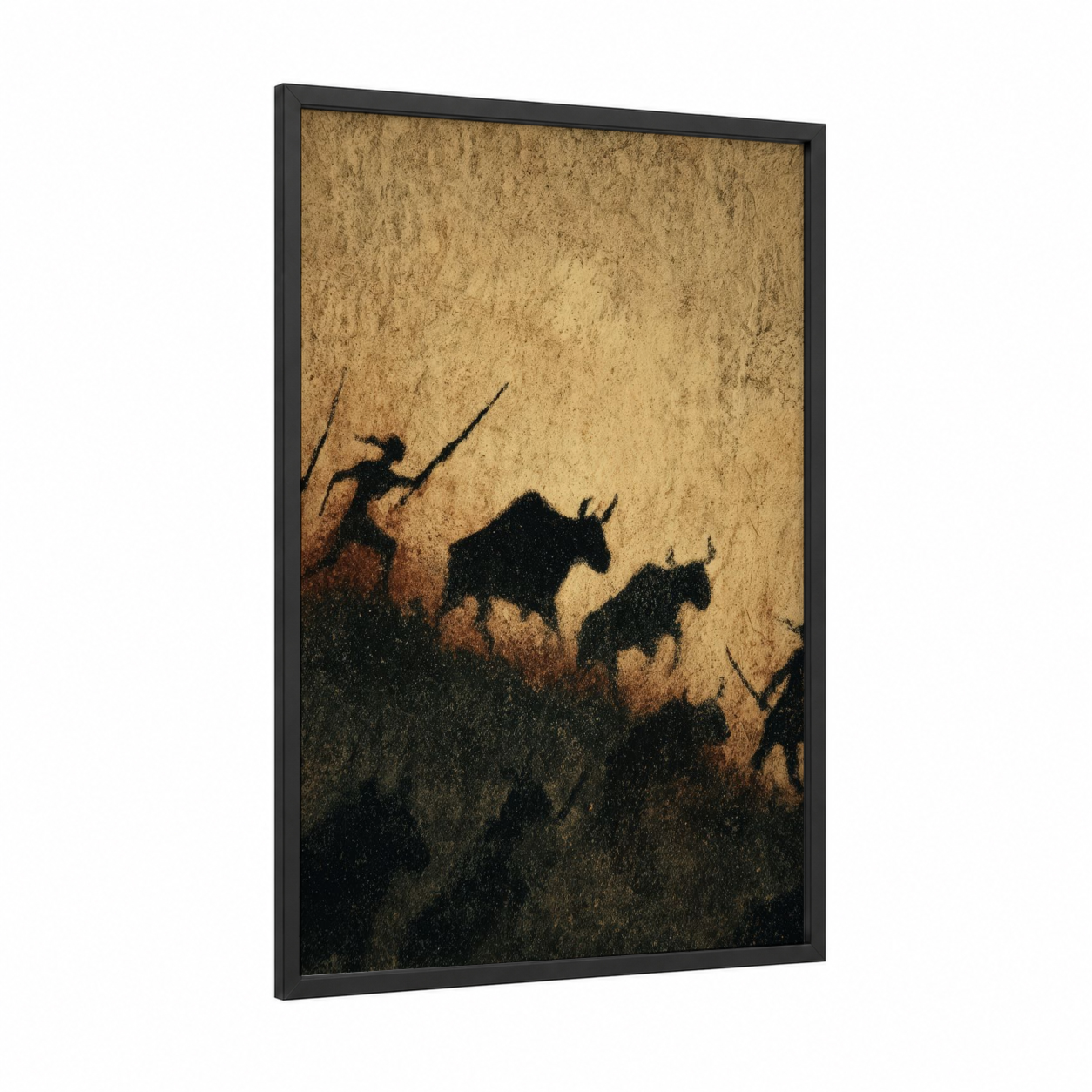 Desert Hunt framed hunting print — black wood frame — black and white and indian khaki palette