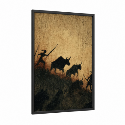 Desert Hunt framed hunting print — black wood frame — black and white and indian khaki palette