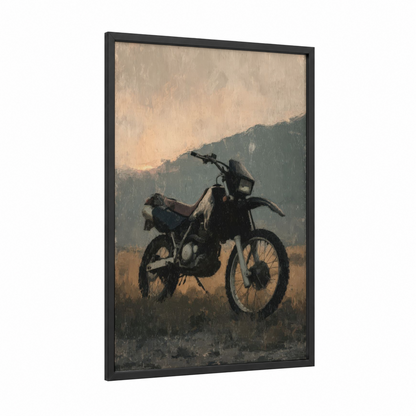 Rainy Vintage Motorcycle framed art print — black wood frame — gray and cream palette