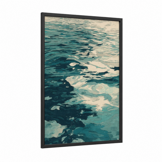 Turquoise Waters framed lakes print — black wood frame — teal and cream palette
