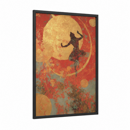 Celestial Dancer framed hindu holidays print — black wood frame — gold and red palette