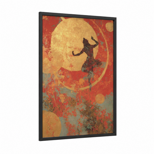 Celestial Dancer framed hindu holidays print — black wood frame — gold and red palette