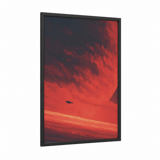 Crimson Satellite Sky framed art print — black wood frame — red and black palette
