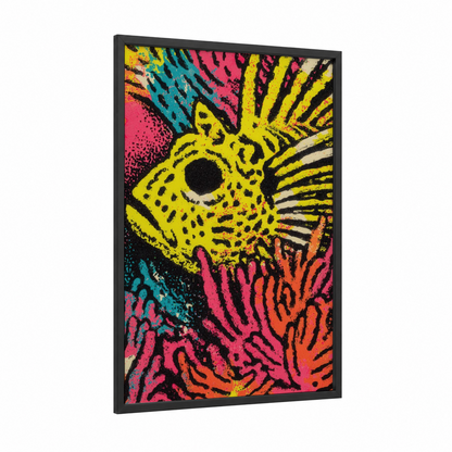 Neon Lionfish framed art print — black wood frame — magenta and yellow gold palette