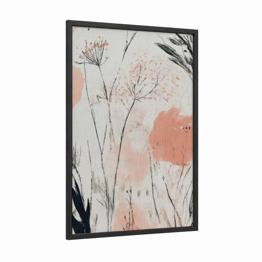 Botanical Fashion Study framed fashion illustration print — black wood frame — peach and cream palette