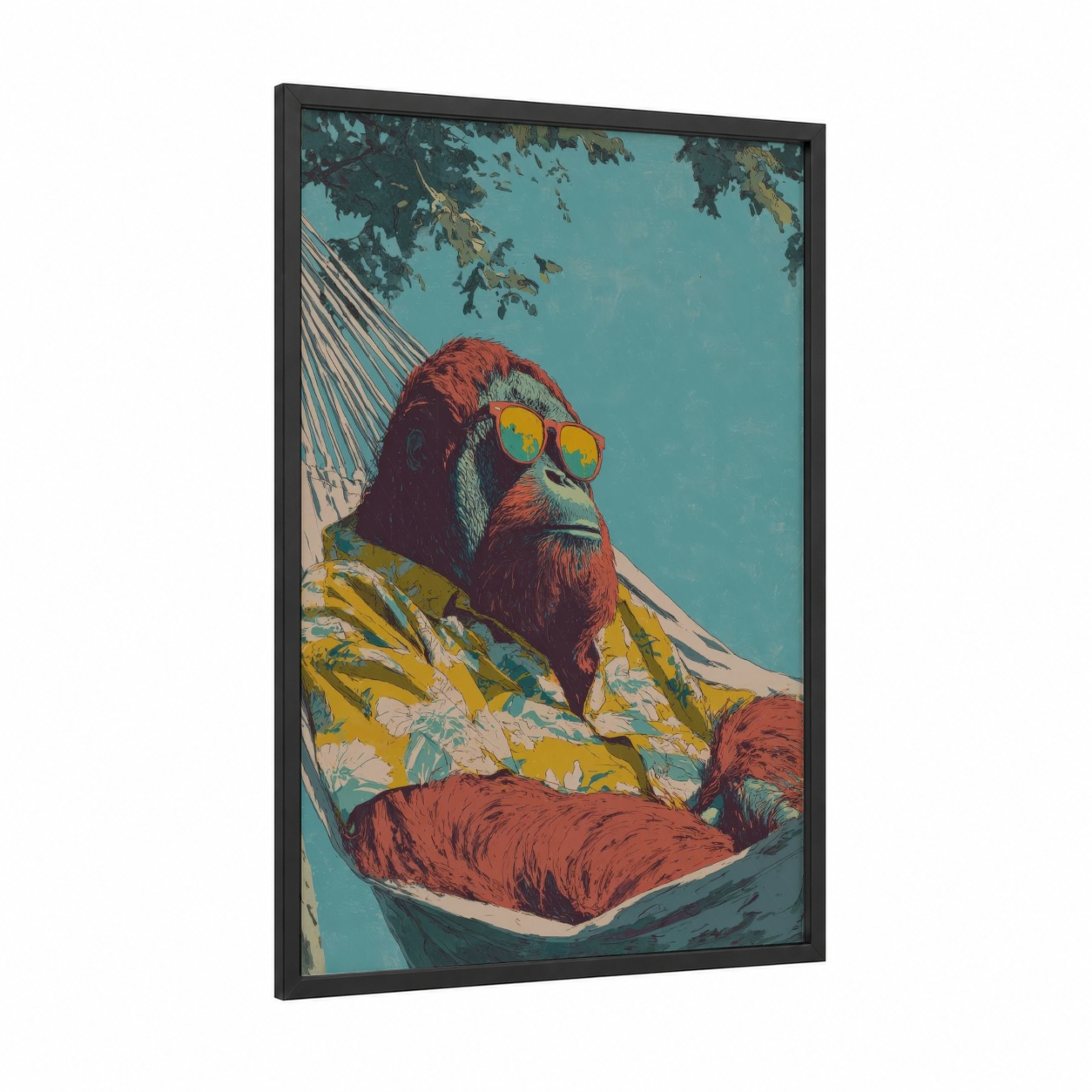 Relaxed Orangutan framed art print — black wood frame — teal and red palette