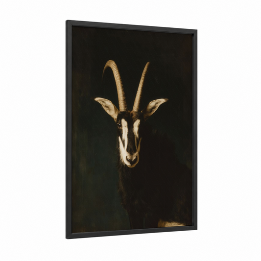 Golden Antelope framed art print — black wood frame — gold and black palette