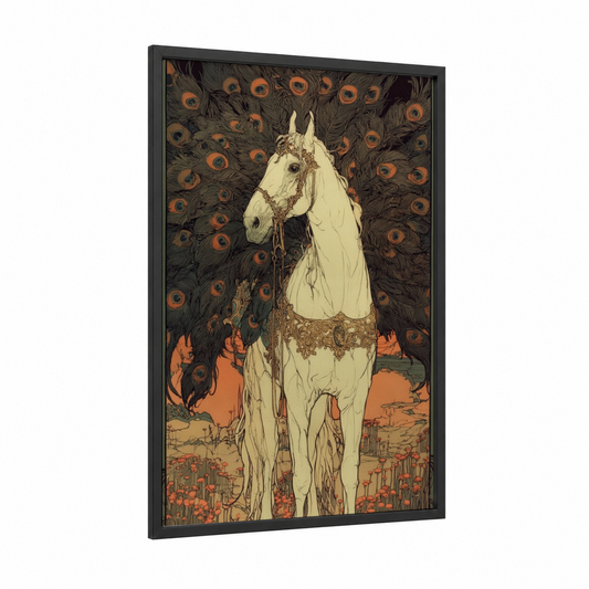 Ornate Arabian Horse framed art print — black wood frame — gold and cream palette