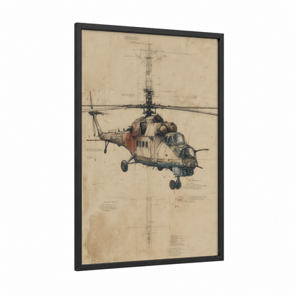 Technical Helicopter Blueprint framed art print — black wood frame — beige and black and white palette