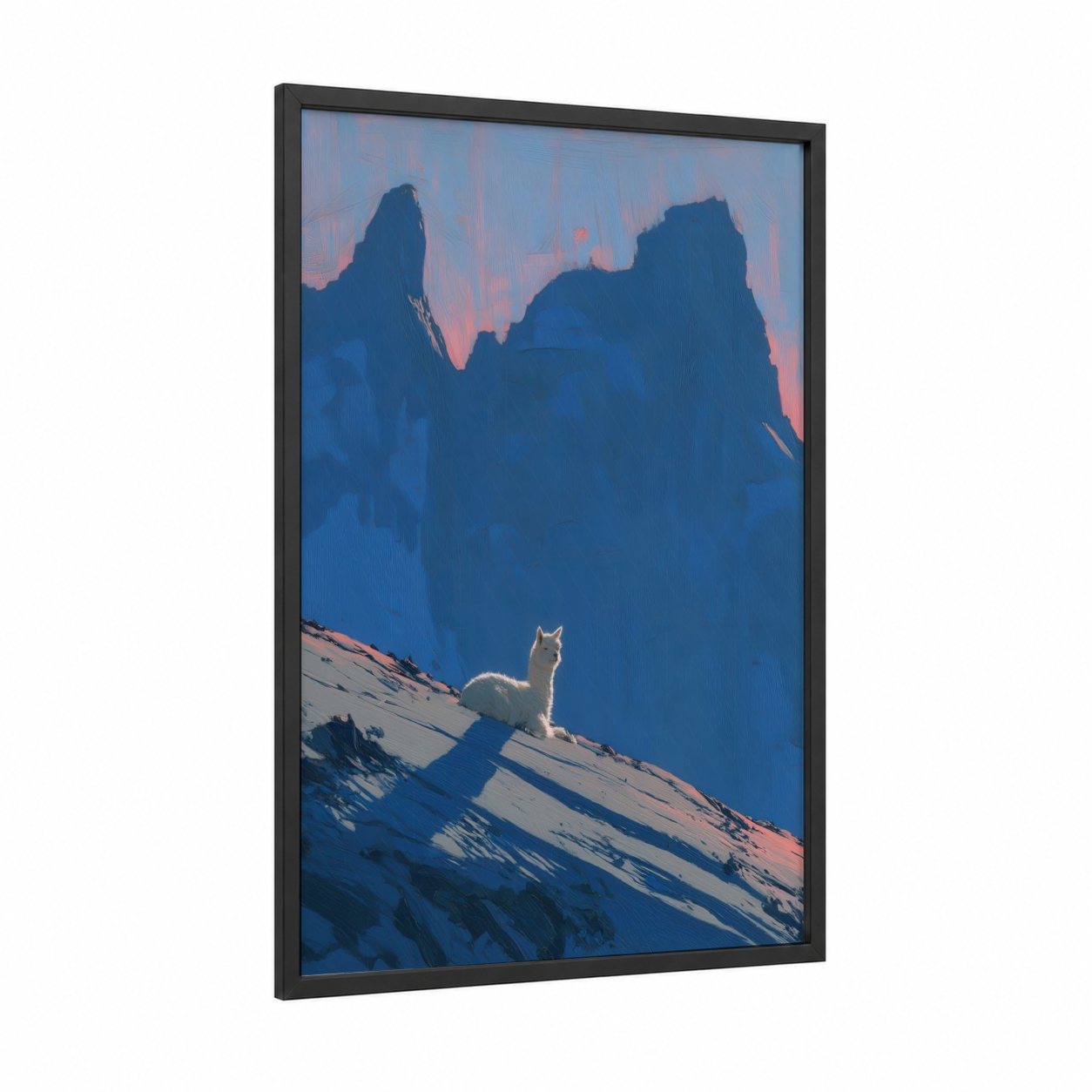 Alpine Alpaca framed art print — black wood frame — blue and peach palette