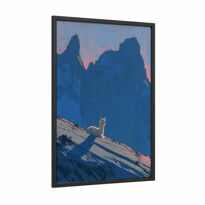 Alpine Alpaca framed art print — black wood frame — blue and peach palette