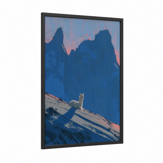 Alpine Alpaca framed art print — black wood frame — blue and peach palette