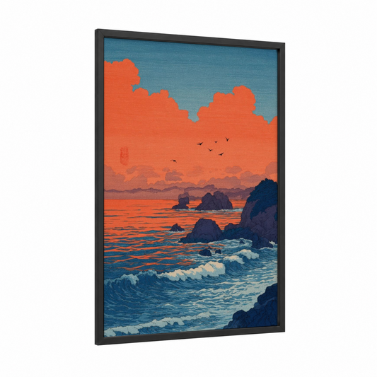 Crimson Sunset Seascape framed art print — black wood frame — orange and blue palette