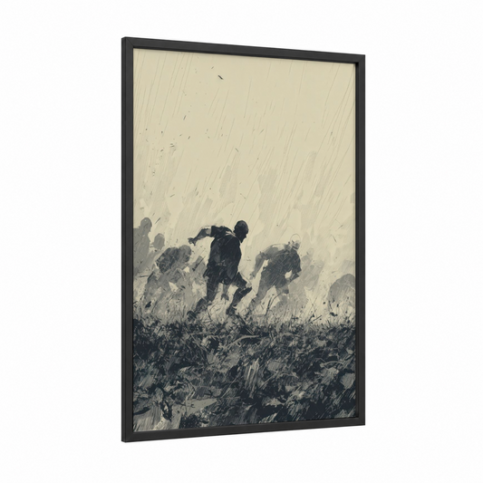 Stormy Field Sprint framed stadiums and fields print — black wood frame — black and white and gray palette