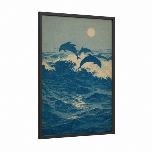 Leaping Dolphins framed art print — black wood frame — blue and cream palette