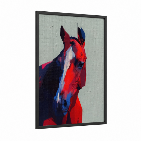 Crimson Quarter Horse framed art print — black wood frame — red and dark blue palette
