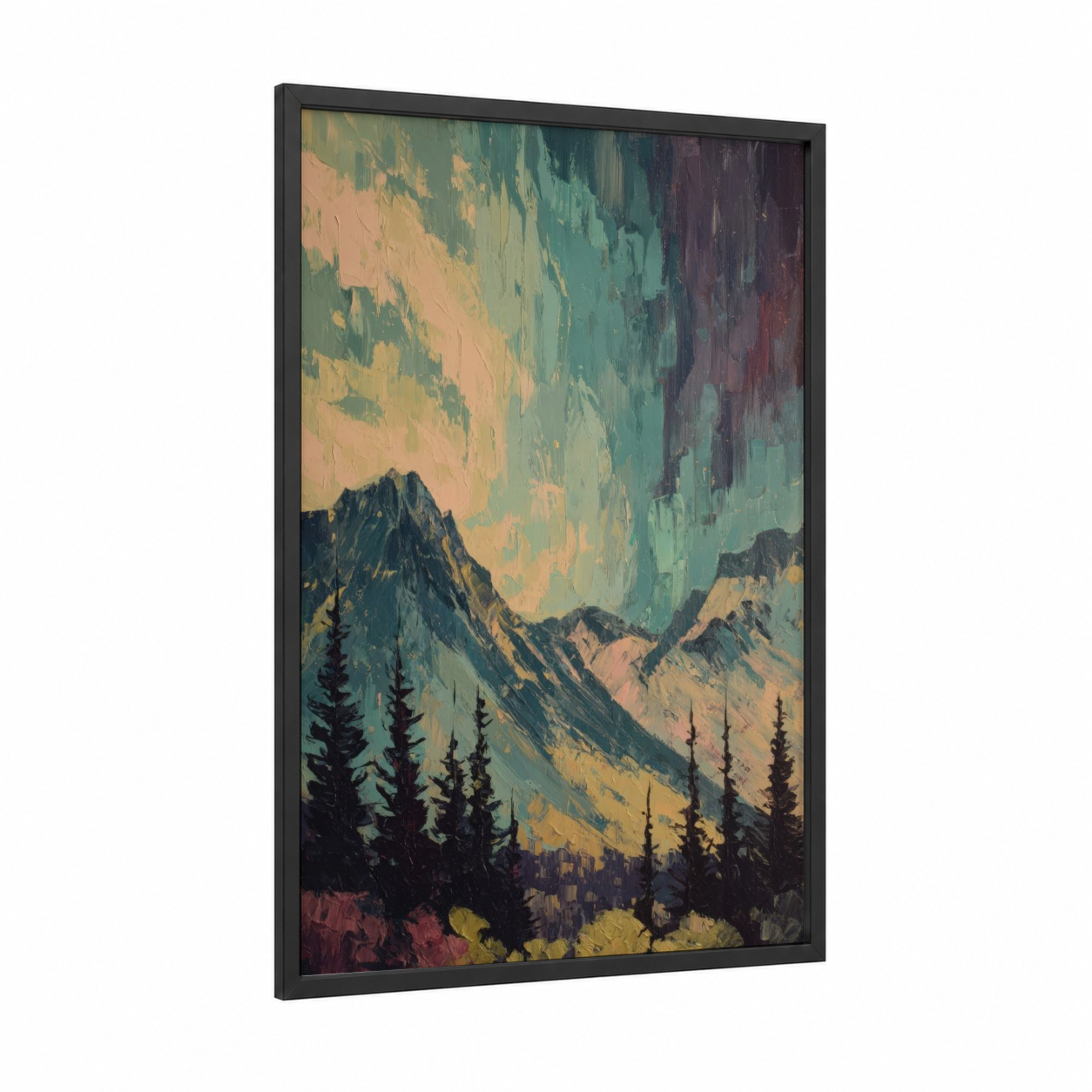Aurora Mountain Vista framed northern lights print — black wood frame — teal and gold palette