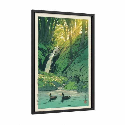 Forest Stream Ducks framed art print — black wood frame — green and yellow gold palette