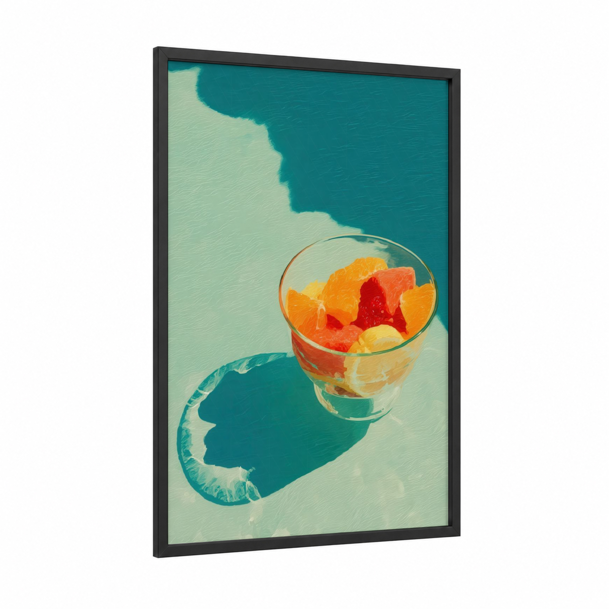 Citrus Breakfast Bowl framed art print — black wood frame — teal and light green palette