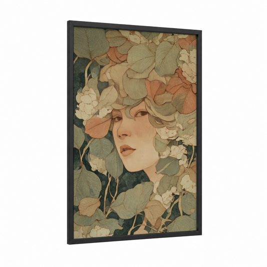 Linden Bloom Portrait framed linden tree print — black wood frame — sage green and cream palette