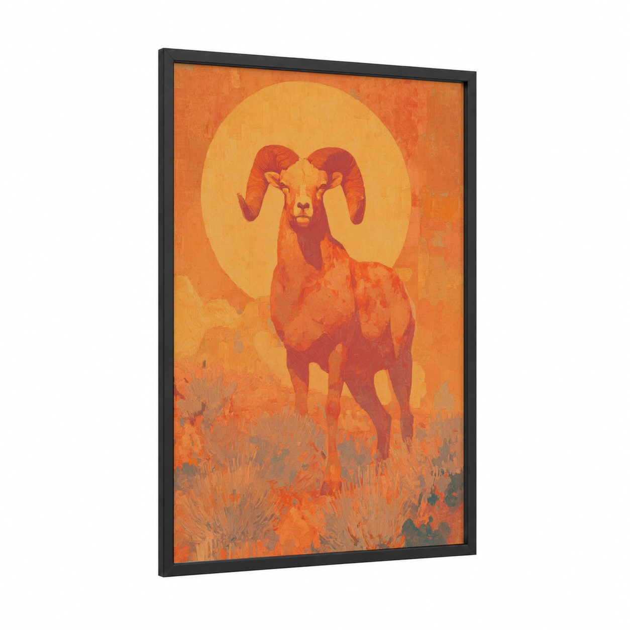 Golden Aries framed art print — black wood frame — orange and gold palette