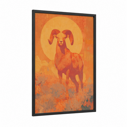 Golden Aries framed art print — black wood frame — orange and gold palette