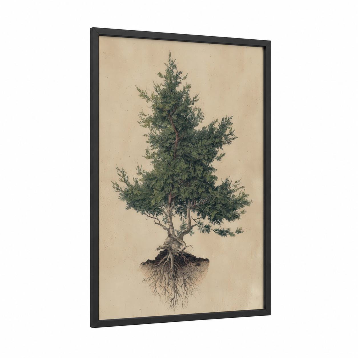 Rooted Cedar framed cedar tree print — black wood frame — light green and beige palette