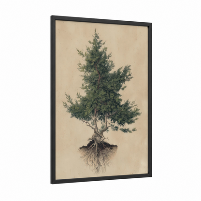 Rooted Cedar framed cedar tree print — black wood frame — light green and beige palette