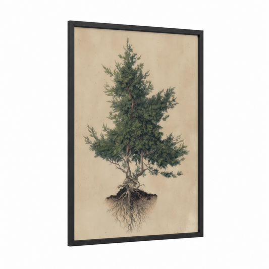 Rooted Cedar framed cedar tree print — black wood frame — light green and beige palette
