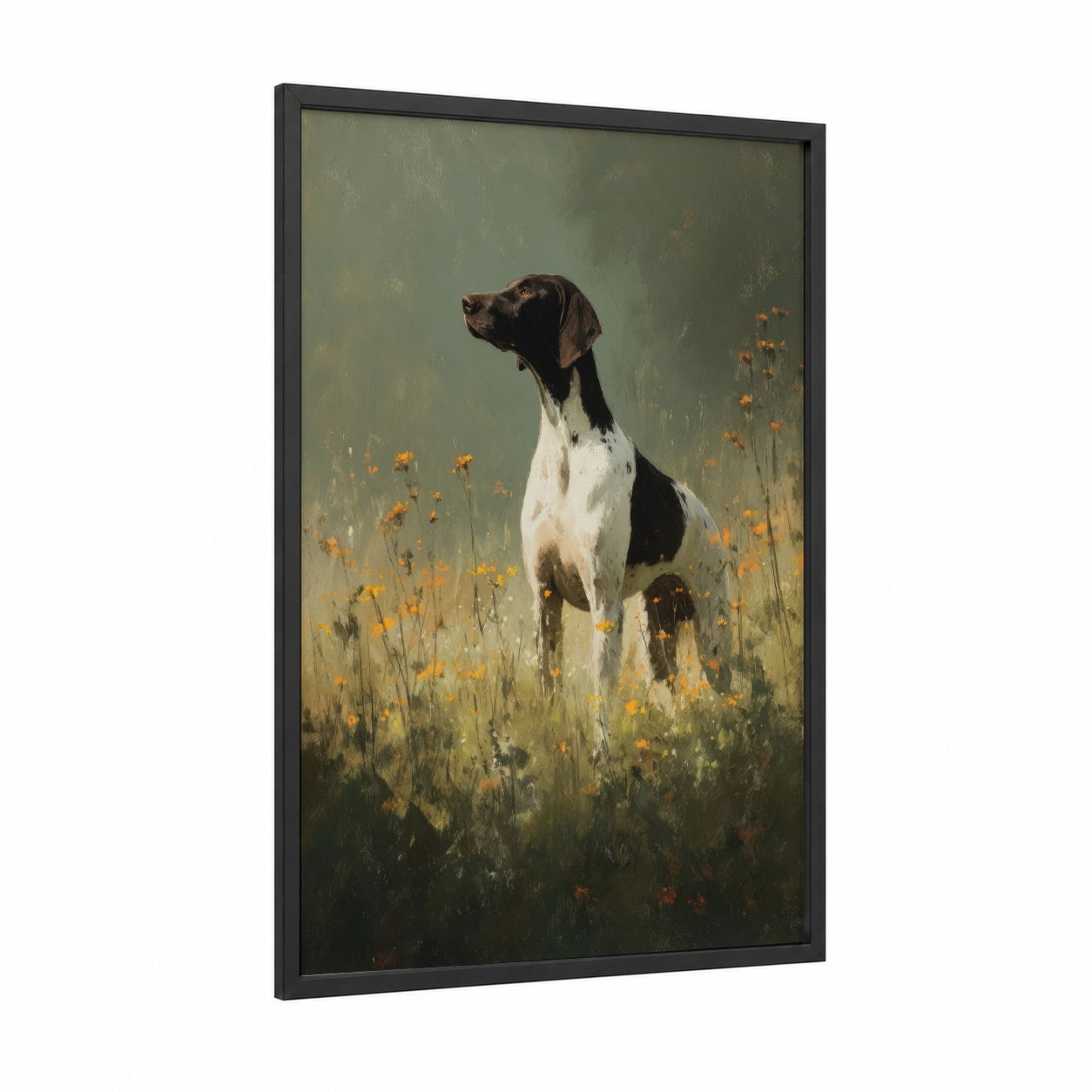 Pointer In Bloom framed hunting print — black wood frame — sage green and gold palette