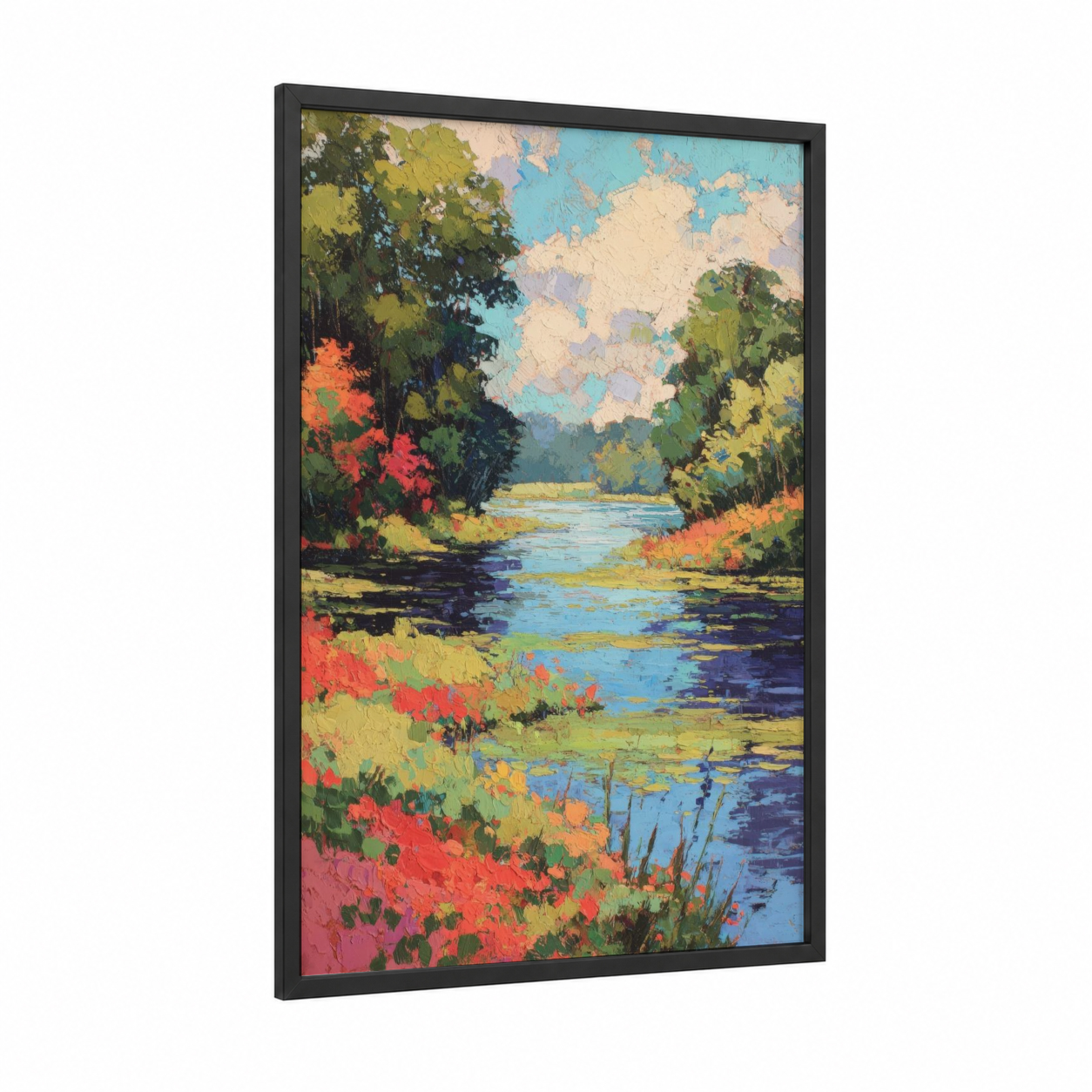 Autumn River Landscape framed rivers print — black wood frame — blue and orange palette
