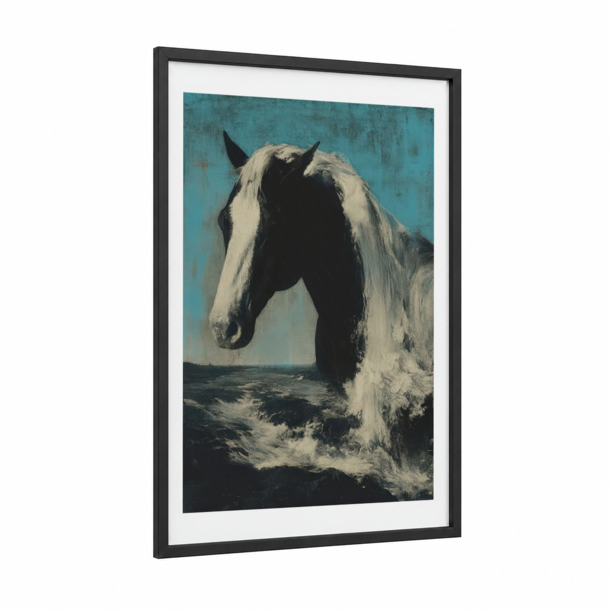 Coastal Quarter Horse framed art print — black wood frame — teal and black and white palette