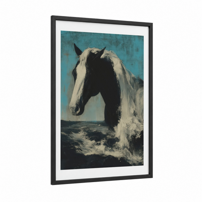Coastal Quarter Horse framed art print — black wood frame — teal and black and white palette