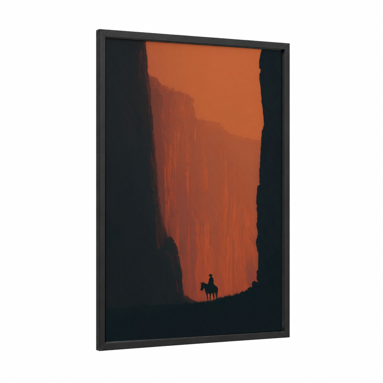 Canyon Cowboy framed country print — black wood frame — pumpkin and black palette