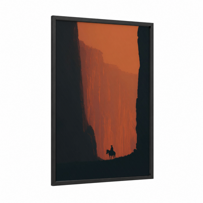 Canyon Cowboy framed country print — black wood frame — pumpkin and black palette