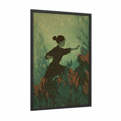 Flowing Warrior framed kung fu print — black wood frame — sage green palette