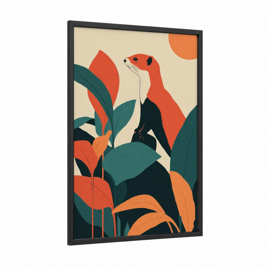 Crimson Weasel framed art print — black wood frame — red and teal palette