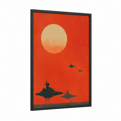 Crimson Invasion framed extraterrestrial print — black wood frame — red and black palette