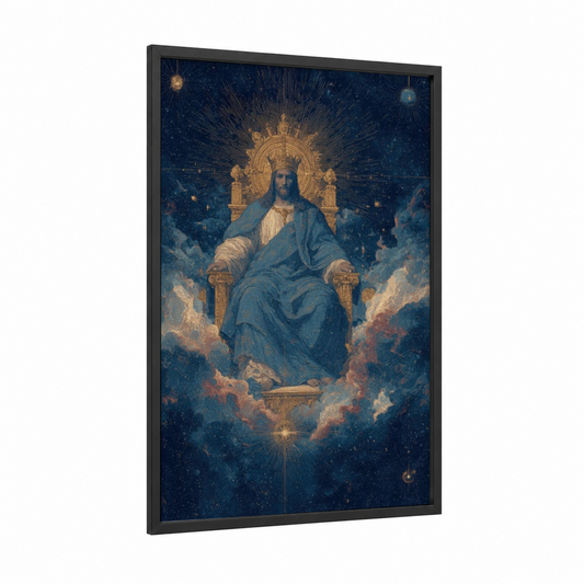 Celestial Christ framed jesus christ print — black wood frame — blue and gold and white palette