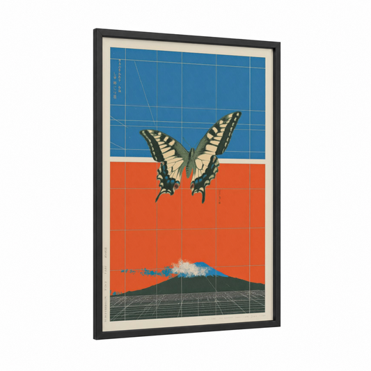 Swallowtail Dreamscape framed japanese y2k print — black wood frame — blue and orange palette
