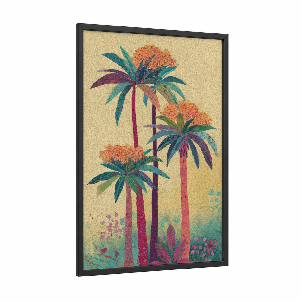 Tropical Palm Cluster framed palm tree print — black wood frame — gold and teal palette