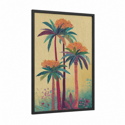 Tropical Palm Cluster framed palm tree print — black wood frame — gold and teal palette